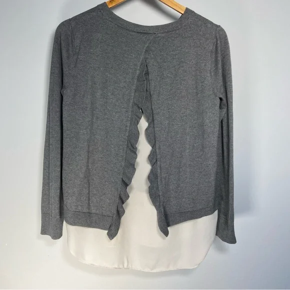 Loft Grey Sweater Layered Sheer White Lining Split Back Ruffle Preppy Clueless - Picture 4 of 9